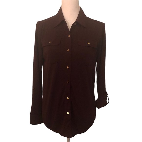 Lauren Ralph Lauren Sweaters - Lauren Ralph Lauren Sz M Black Label Wine Button Up Long Roll Tab Sleeve Blouse